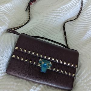 Burgundy Valentino Double Flap Flip Lock Crossbody Grainy Calfskin